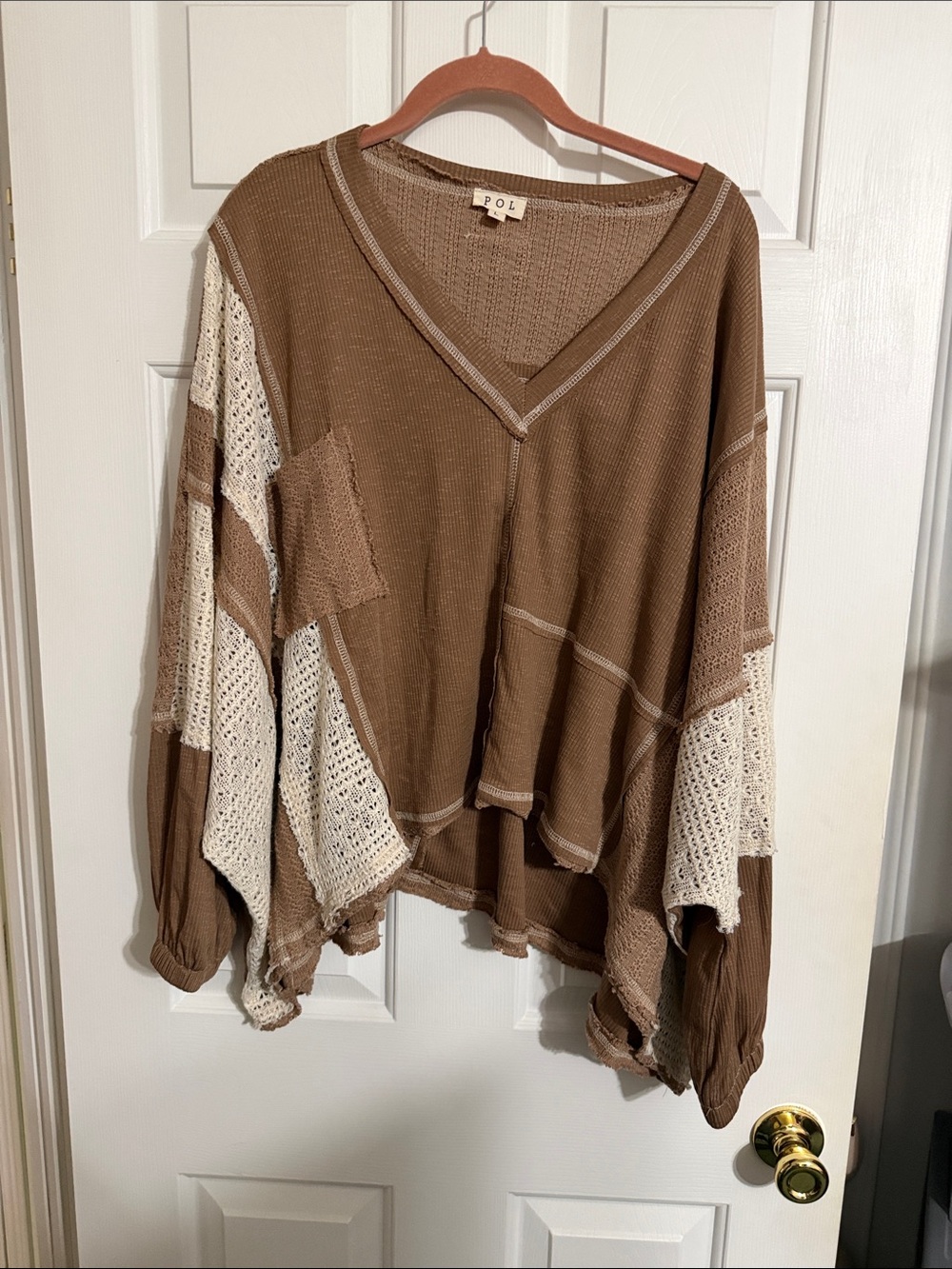 POL Brown and Cream Patchwork V-Neck Sweater
